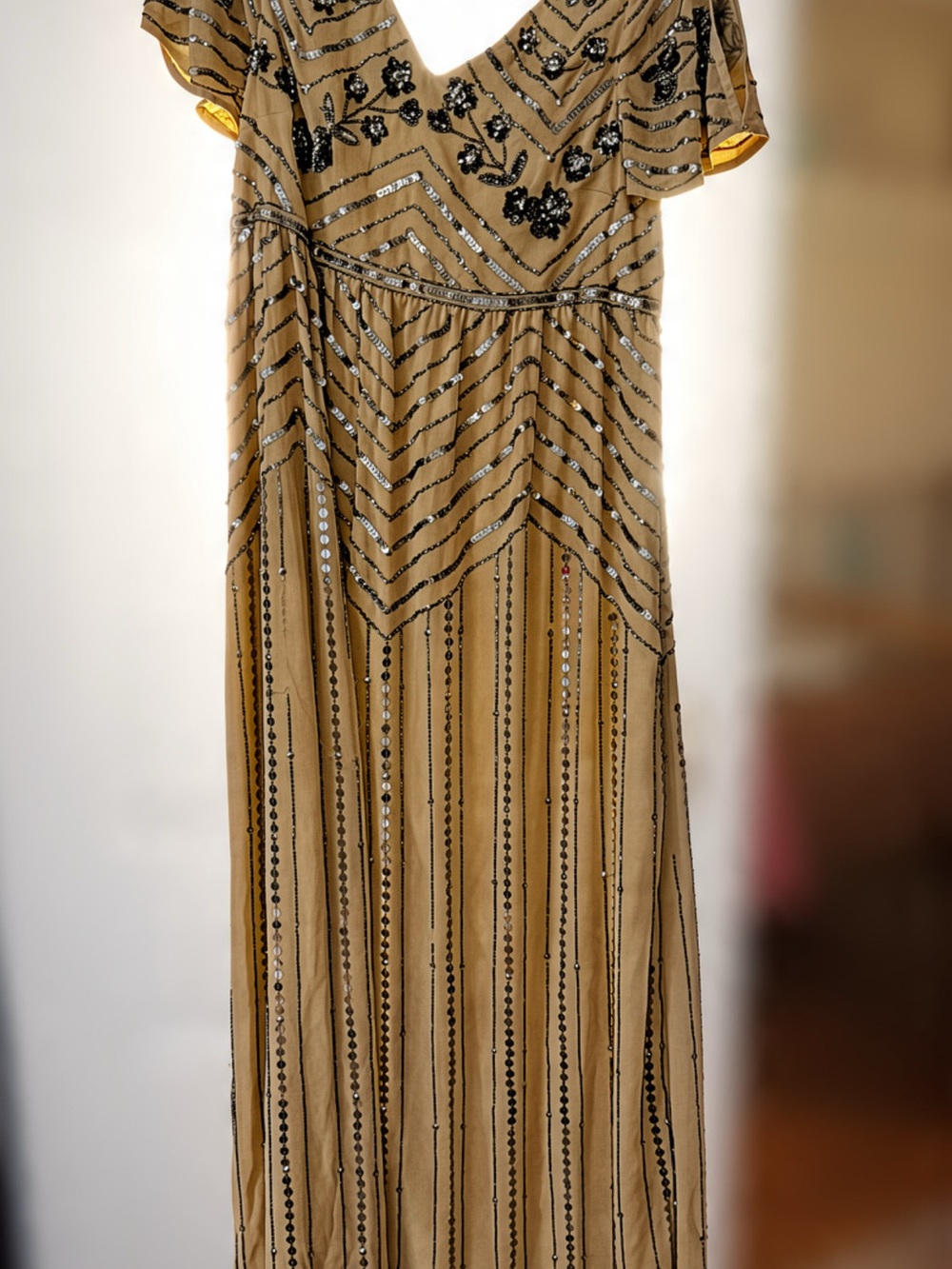 ASOS Gold Beaded V-Neck Maxi Dress with Black Sequin Detail